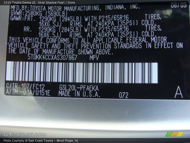 Silver Shadow Pearl / Stone 2010 Toyota Sienna LE