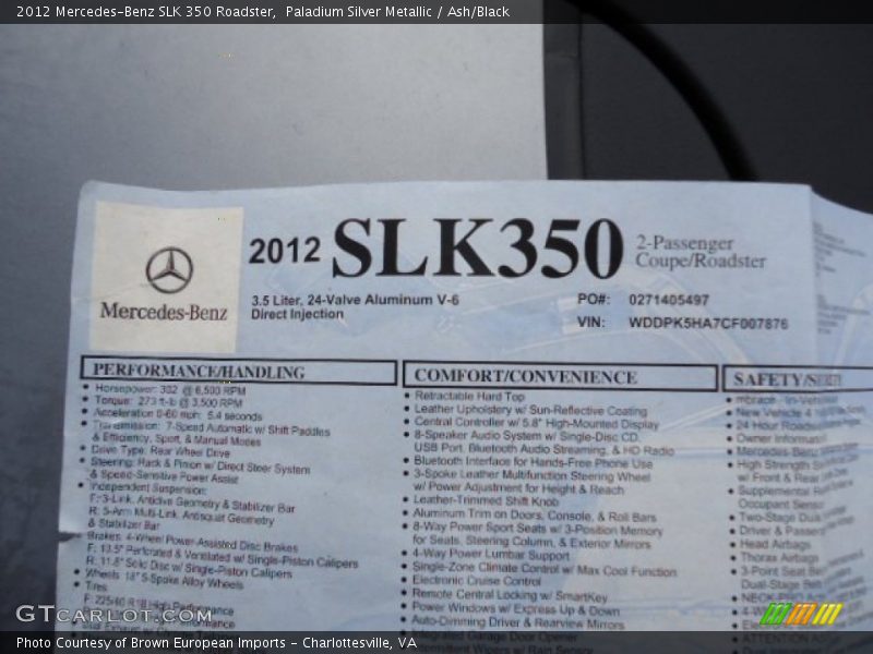 Paladium Silver Metallic / Ash/Black 2012 Mercedes-Benz SLK 350 Roadster