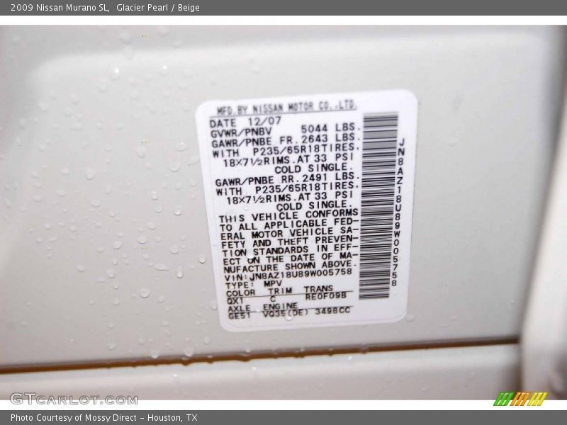 Glacier Pearl / Beige 2009 Nissan Murano SL