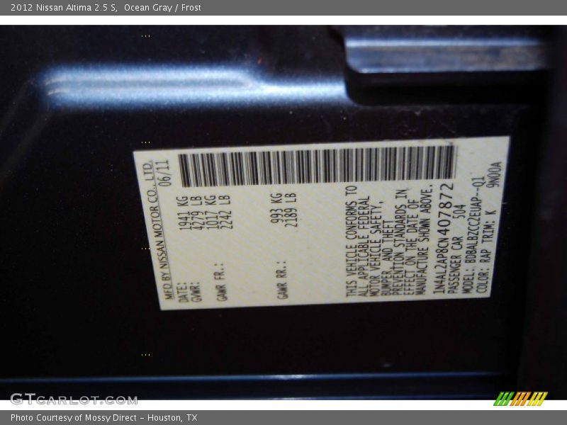 Ocean Gray / Frost 2012 Nissan Altima 2.5 S