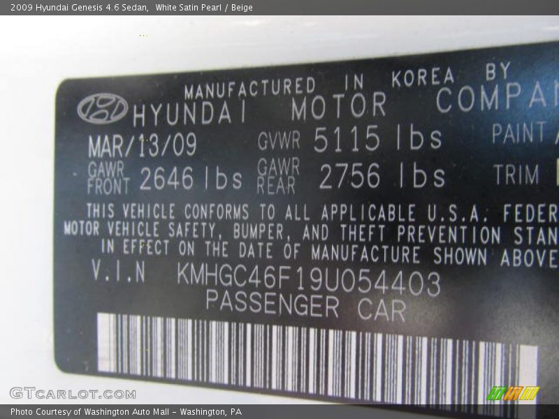 White Satin Pearl / Beige 2009 Hyundai Genesis 4.6 Sedan