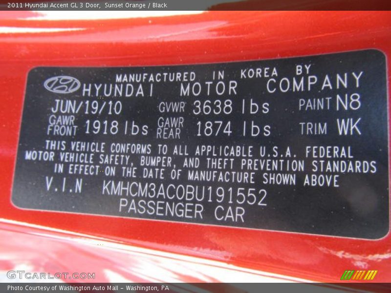 2011 Accent GL 3 Door Sunset Orange Color Code N8