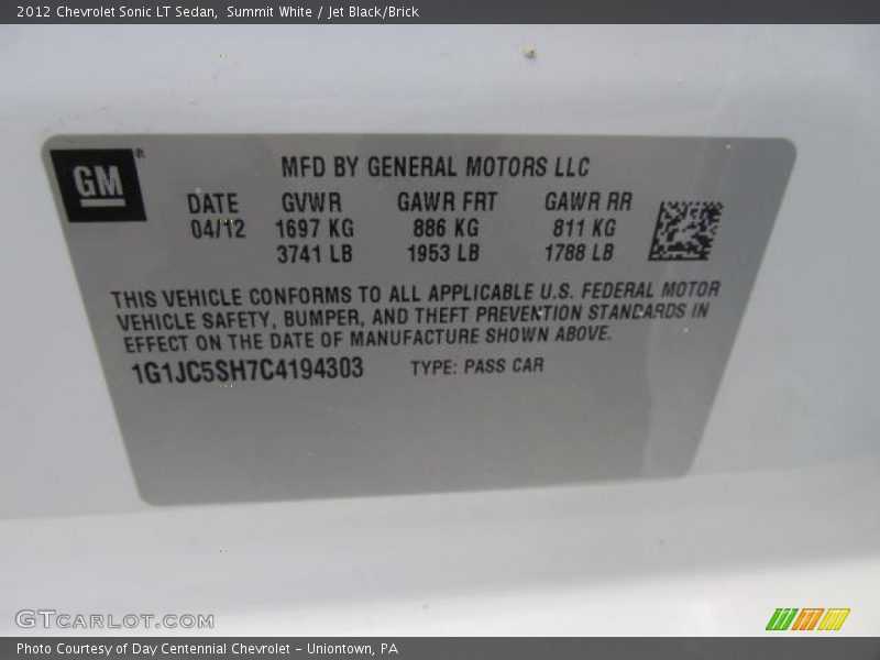 Summit White / Jet Black/Brick 2012 Chevrolet Sonic LT Sedan