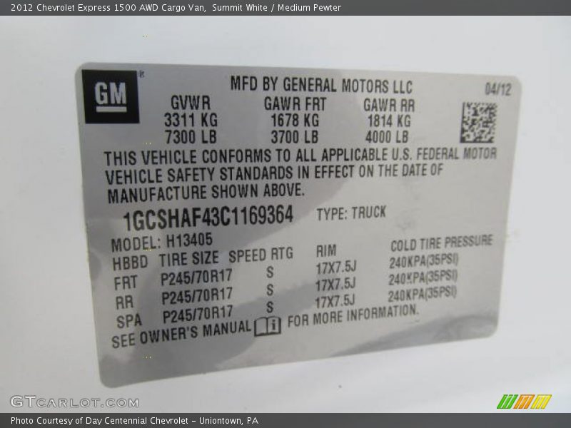 Summit White / Medium Pewter 2012 Chevrolet Express 1500 AWD Cargo Van