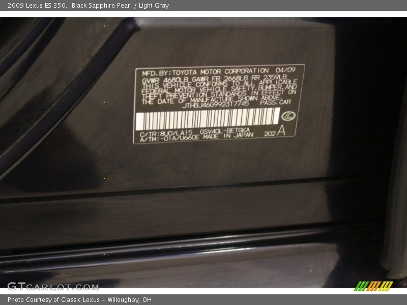 Black Sapphire Pearl / Light Gray 2009 Lexus ES 350