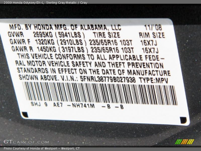 Sterling Gray Metallic / Gray 2009 Honda Odyssey EX-L