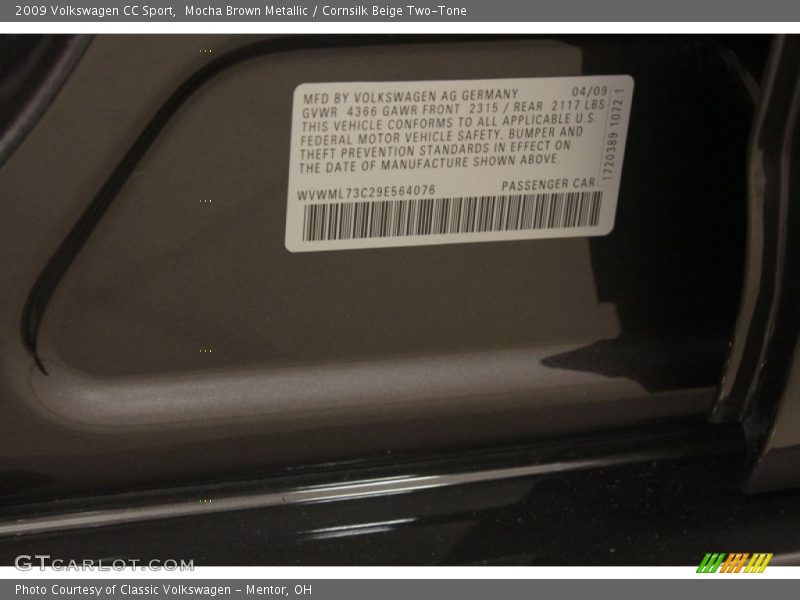 Mocha Brown Metallic / Cornsilk Beige Two-Tone 2009 Volkswagen CC Sport