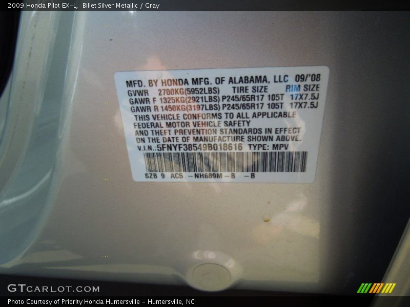 Billet Silver Metallic / Gray 2009 Honda Pilot EX-L