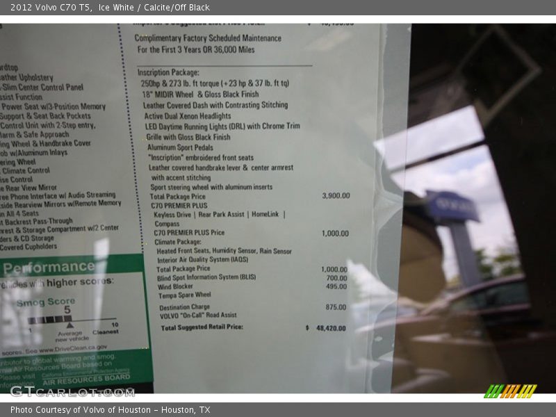  2012 C70 T5 Window Sticker