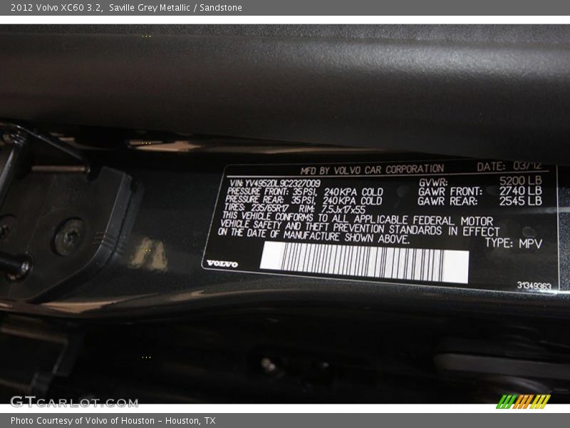 Saville Grey Metallic / Sandstone 2012 Volvo XC60 3.2