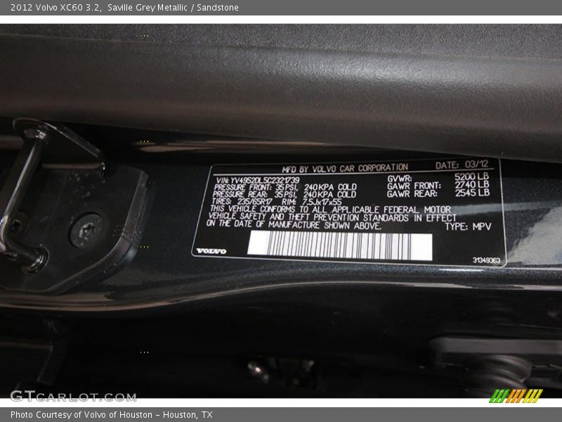 Saville Grey Metallic / Sandstone 2012 Volvo XC60 3.2