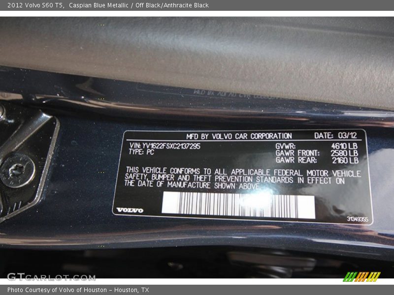 Caspian Blue Metallic / Off Black/Anthracite Black 2012 Volvo S60 T5