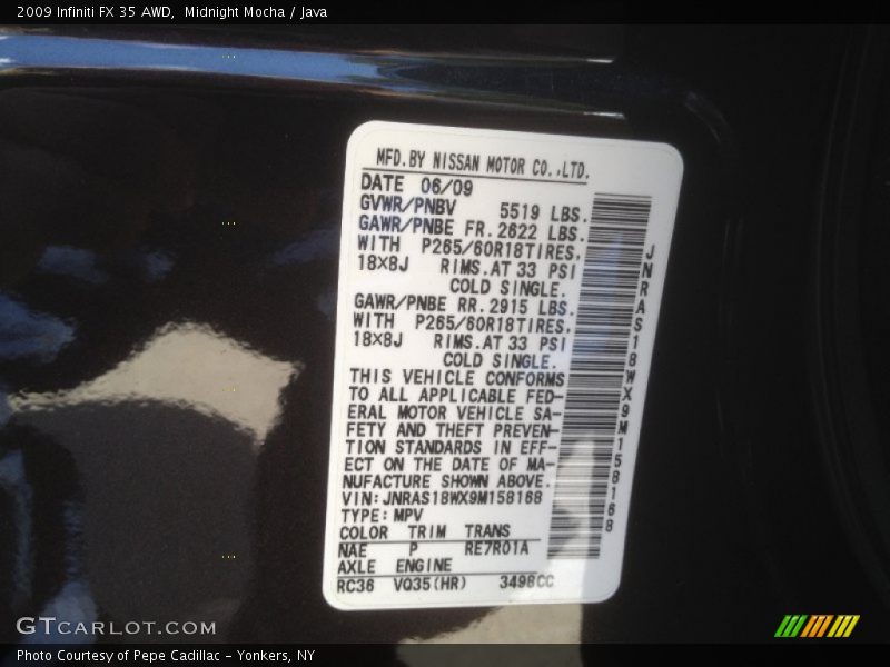 2009 FX 35 AWD Midnight Mocha Color Code NAE