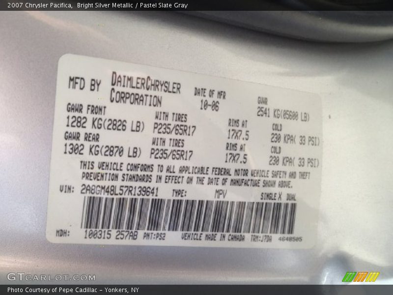 Bright Silver Metallic / Pastel Slate Gray 2007 Chrysler Pacifica