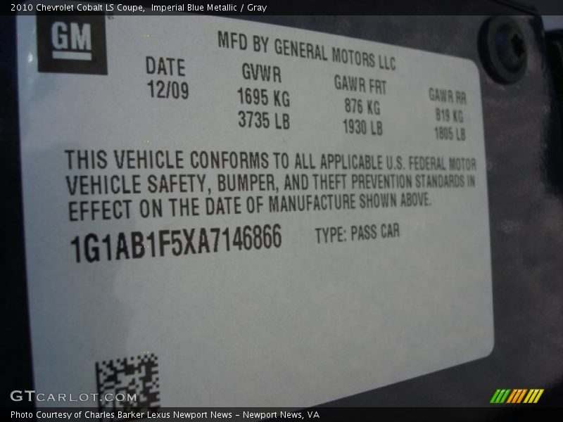Imperial Blue Metallic / Gray 2010 Chevrolet Cobalt LS Coupe