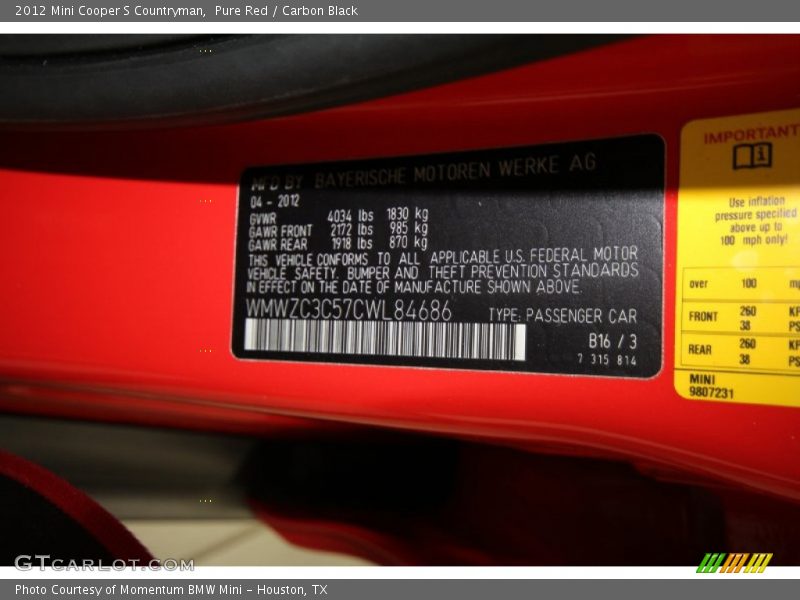 Pure Red / Carbon Black 2012 Mini Cooper S Countryman