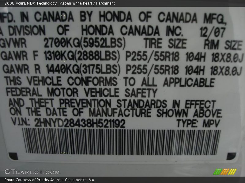 Aspen White Pearl / Parchment 2008 Acura MDX Technology