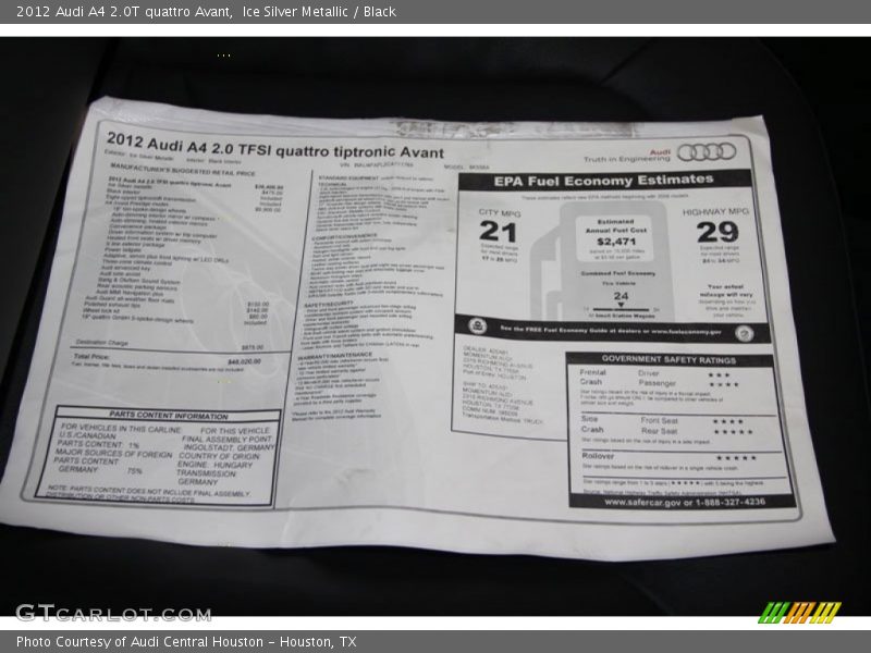  2012 A4 2.0T quattro Avant Window Sticker