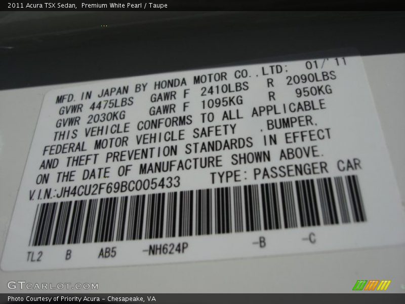 Premium White Pearl / Taupe 2011 Acura TSX Sedan