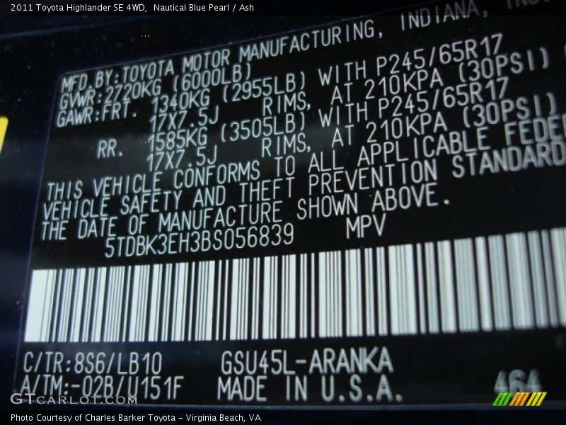 Nautical Blue Pearl / Ash 2011 Toyota Highlander SE 4WD