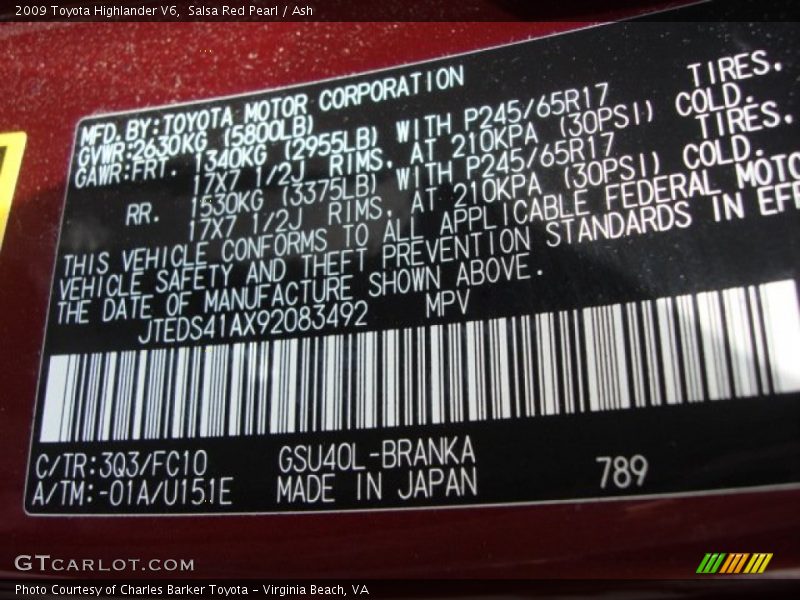 Salsa Red Pearl / Ash 2009 Toyota Highlander V6