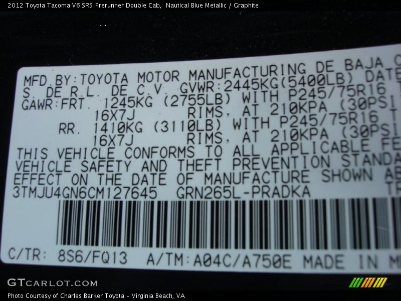Nautical Blue Metallic / Graphite 2012 Toyota Tacoma V6 SR5 Prerunner Double Cab