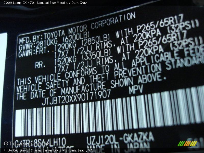 Nautical Blue Metallic / Dark Gray 2009 Lexus GX 470