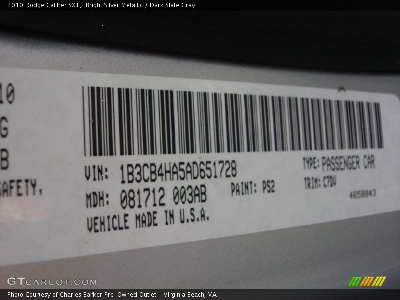 Bright Silver Metallic / Dark Slate Gray 2010 Dodge Caliber SXT