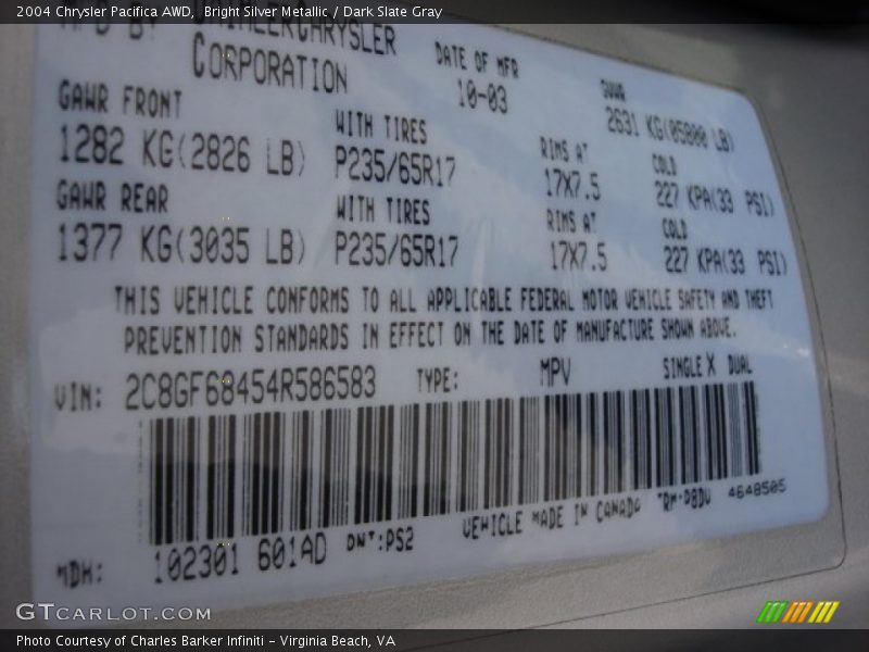 Bright Silver Metallic / Dark Slate Gray 2004 Chrysler Pacifica AWD
