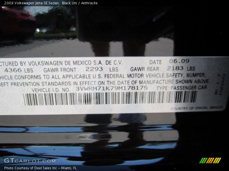 Black Uni / Anthracite 2009 Volkswagen Jetta SE Sedan