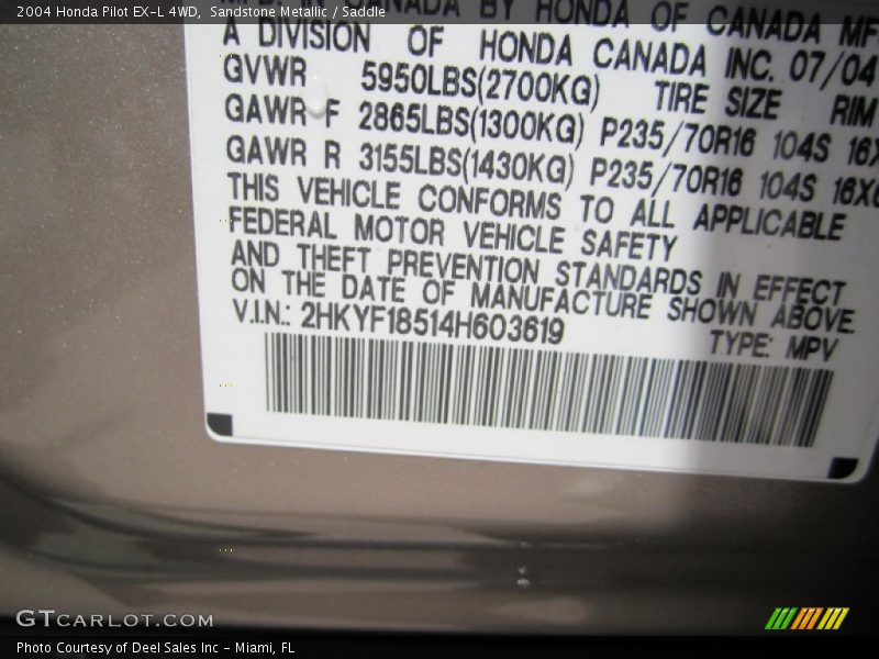 Sandstone Metallic / Saddle 2004 Honda Pilot EX-L 4WD