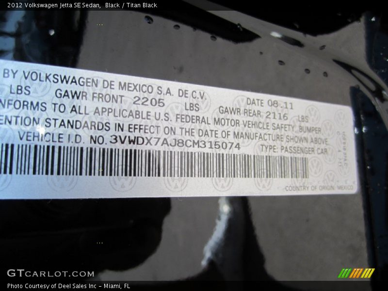 Black / Titan Black 2012 Volkswagen Jetta SE Sedan
