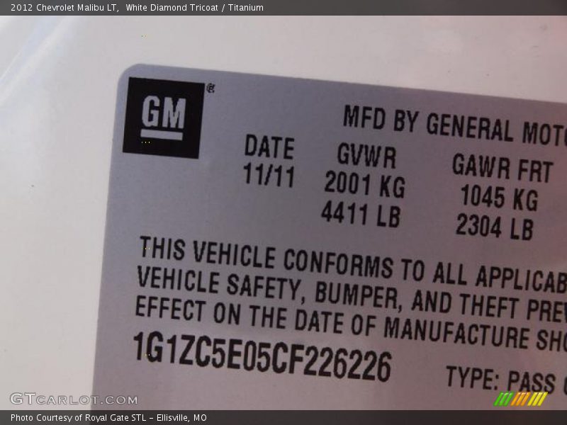 White Diamond Tricoat / Titanium 2012 Chevrolet Malibu LT