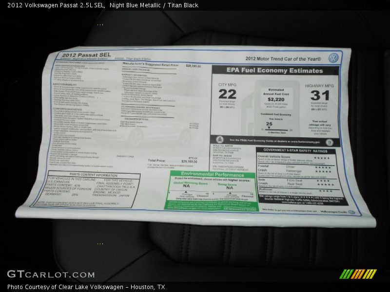 Night Blue Metallic / Titan Black 2012 Volkswagen Passat 2.5L SEL
