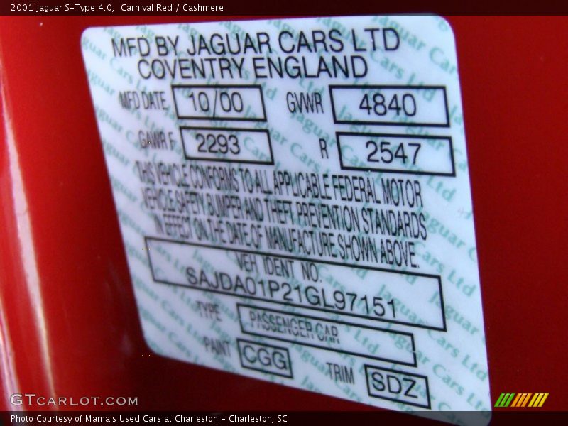 2001 S-Type 4.0 Carnival Red Color Code CGG