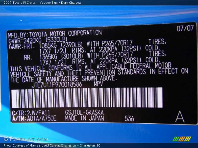 Voodoo Blue / Dark Charcoal 2007 Toyota FJ Cruiser
