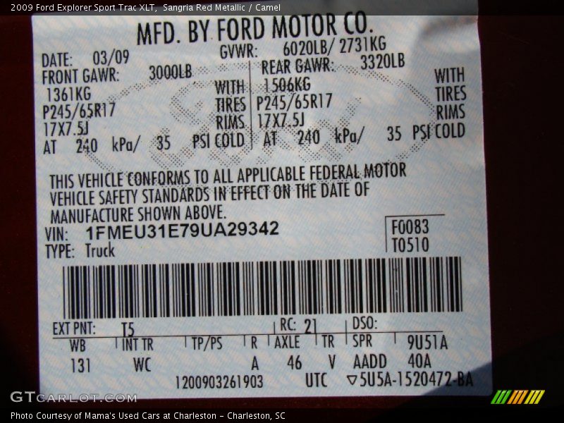 Sangria Red Metallic / Camel 2009 Ford Explorer Sport Trac XLT