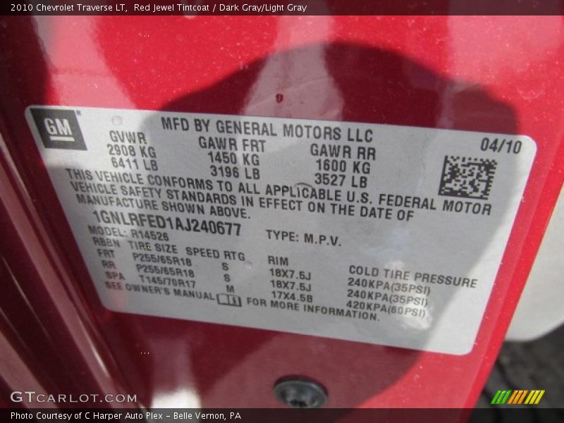 Red Jewel Tintcoat / Dark Gray/Light Gray 2010 Chevrolet Traverse LT