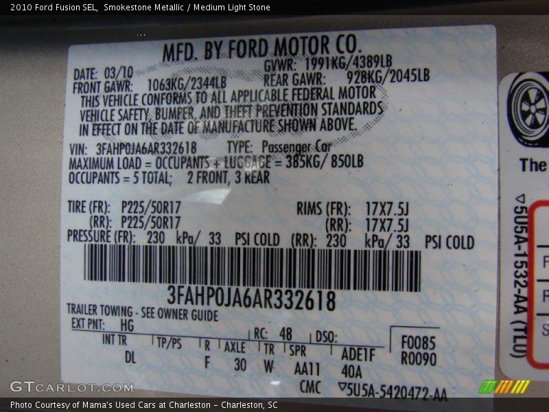 Smokestone Metallic / Medium Light Stone 2010 Ford Fusion SEL