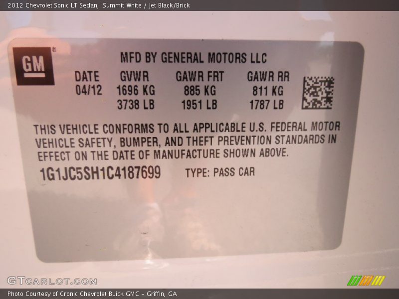 Summit White / Jet Black/Brick 2012 Chevrolet Sonic LT Sedan