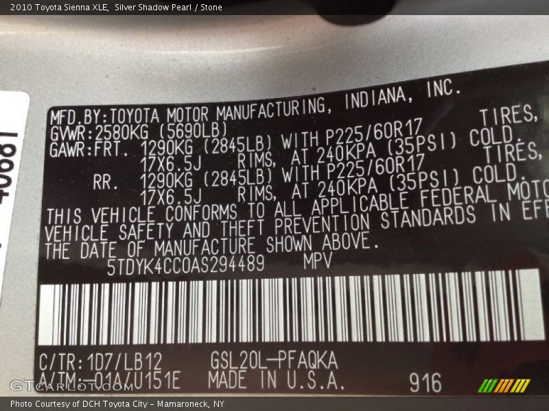 Silver Shadow Pearl / Stone 2010 Toyota Sienna XLE