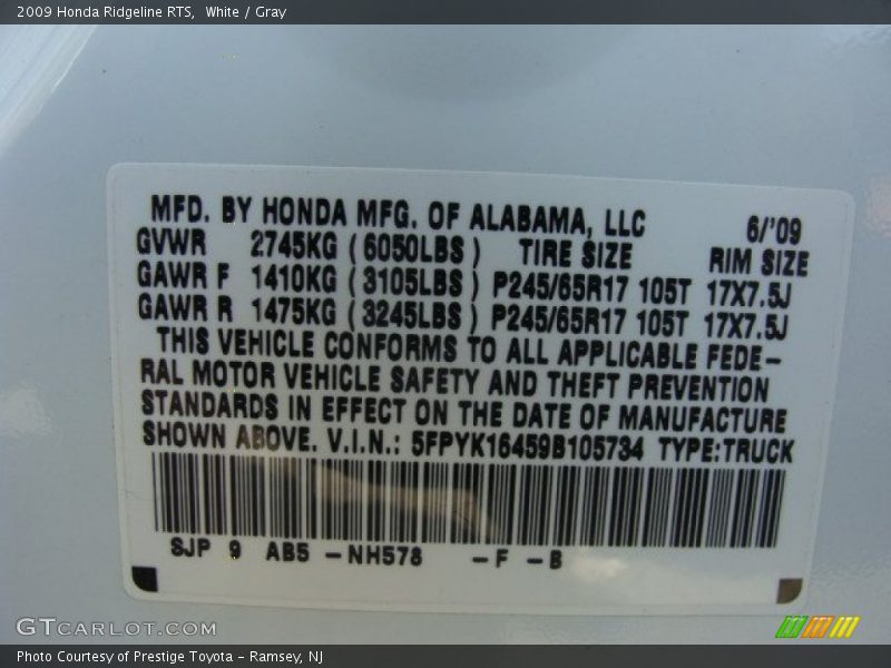 White / Gray 2009 Honda Ridgeline RTS