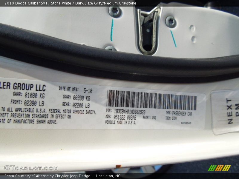 Stone White / Dark Slate Gray/Medium Graystone 2010 Dodge Caliber SXT