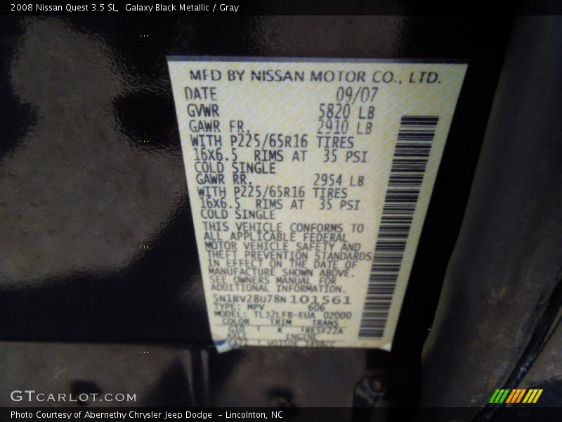 Galaxy Black Metallic / Gray 2008 Nissan Quest 3.5 SL