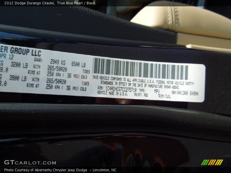 True Blue Pearl / Black 2012 Dodge Durango Citadel