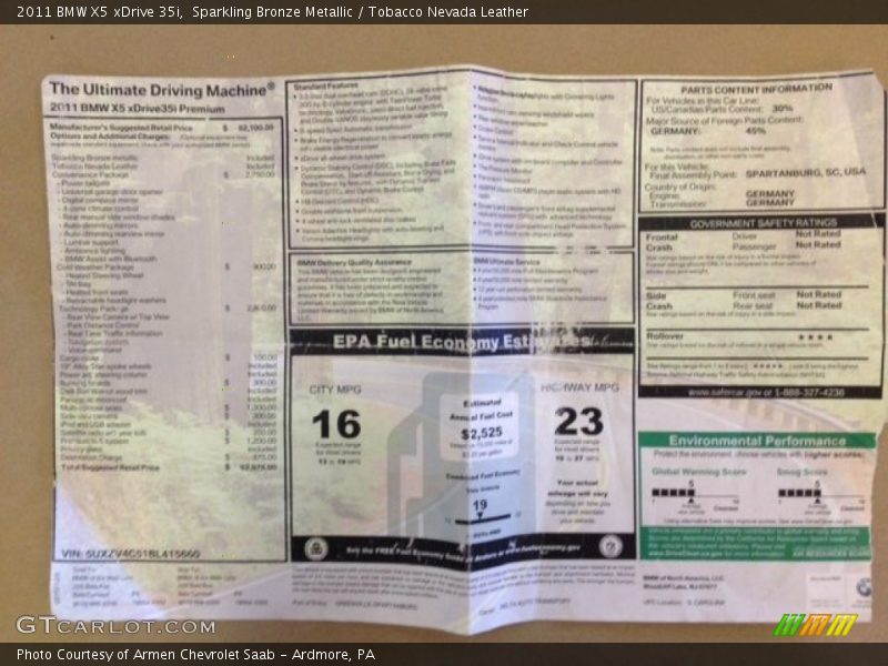  2011 X5 xDrive 35i Window Sticker