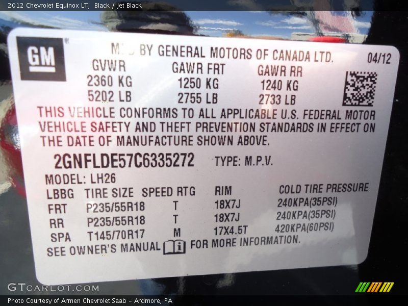 Black / Jet Black 2012 Chevrolet Equinox LT