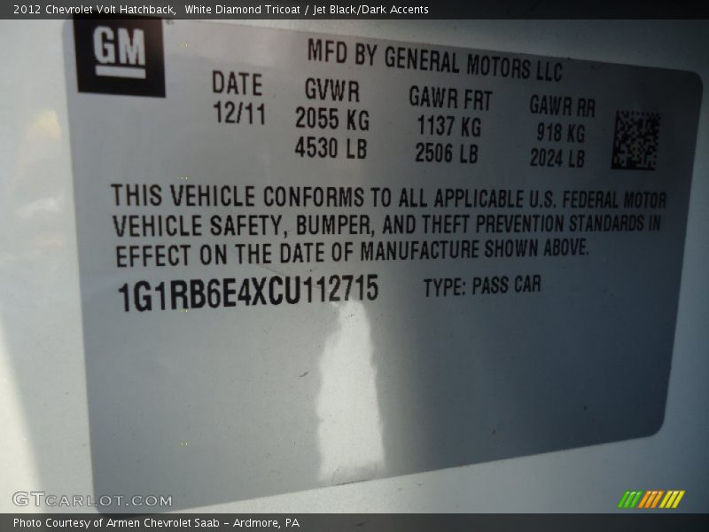 White Diamond Tricoat / Jet Black/Dark Accents 2012 Chevrolet Volt Hatchback