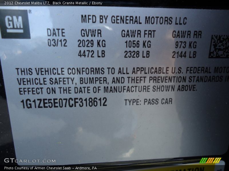 Black Granite Metallic / Ebony 2012 Chevrolet Malibu LTZ