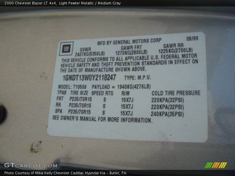 Light Pewter Metallic / Medium Gray 2000 Chevrolet Blazer LT 4x4